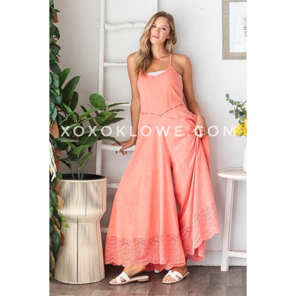 Oli & Hali Pants - Oli & Hali Coral Jumpsuit | Lace Hem, Back Keyhole | Weekend Getaway Vibe